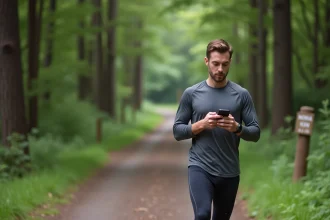 Jeune homme courant en forêt vérifiant ses notes de vitesse