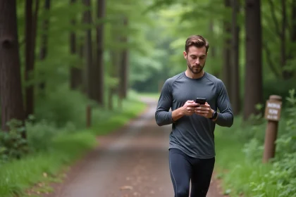 Jeune homme courant en forêt vérifiant ses notes de vitesse