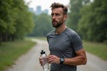 Homme coureur en pause dans un parc urbain avec montre digitale