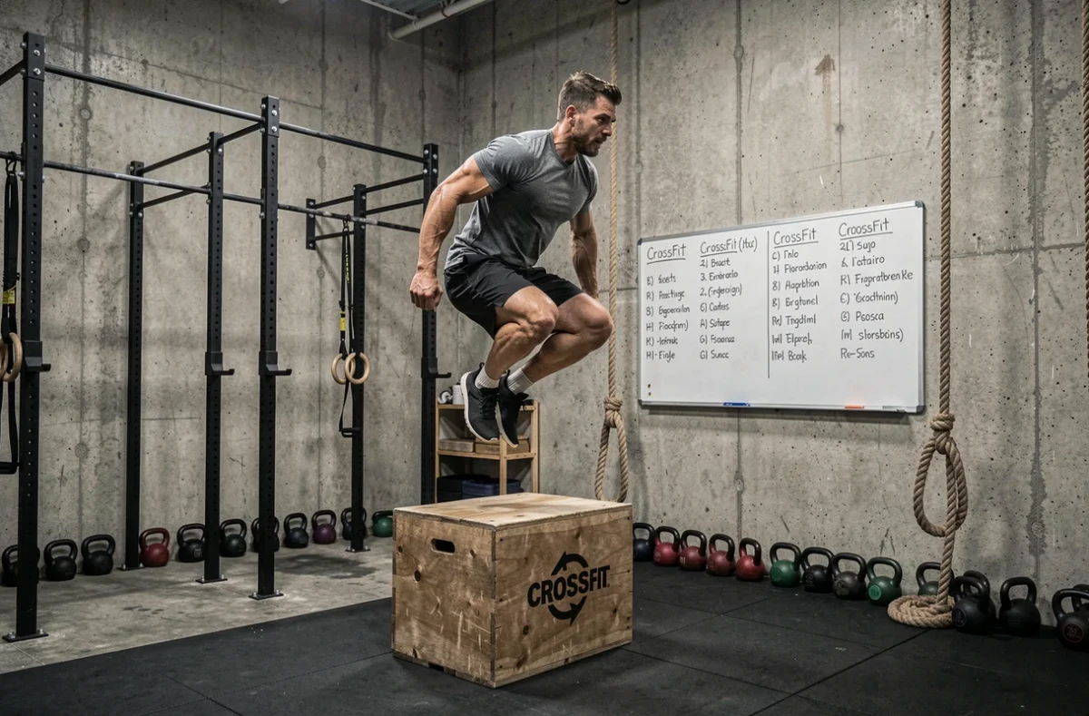 Athlète CrossFit effectuant un saut sur box dans la salle CrossFit Besançon 958