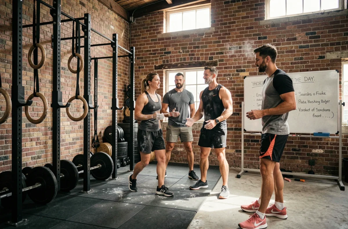 Box CrossFit de Soissons avec anneaux de gymnastique, haltères et tableau de WOD pour les adhérents