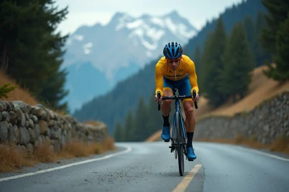 Cycliste professionnel en position aérodynamique gravissant un col alpin pavé, illustrant la stratégie de Pogacar pour les classiques 2026