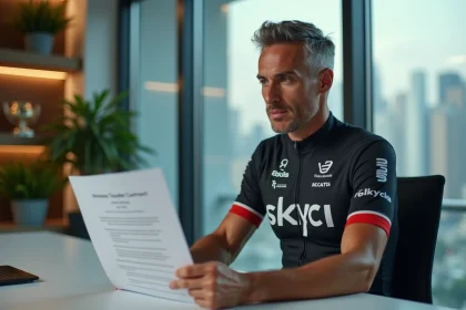 Cycliste professionnel signant un contrat de transfert pour la saison 2026 dans un bureau moderne