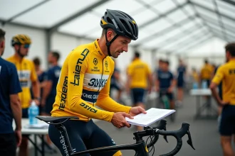 Cycliste professionnel en maillot jaune consultant un contrat dans une tente d'équipe lors d'une course cycliste