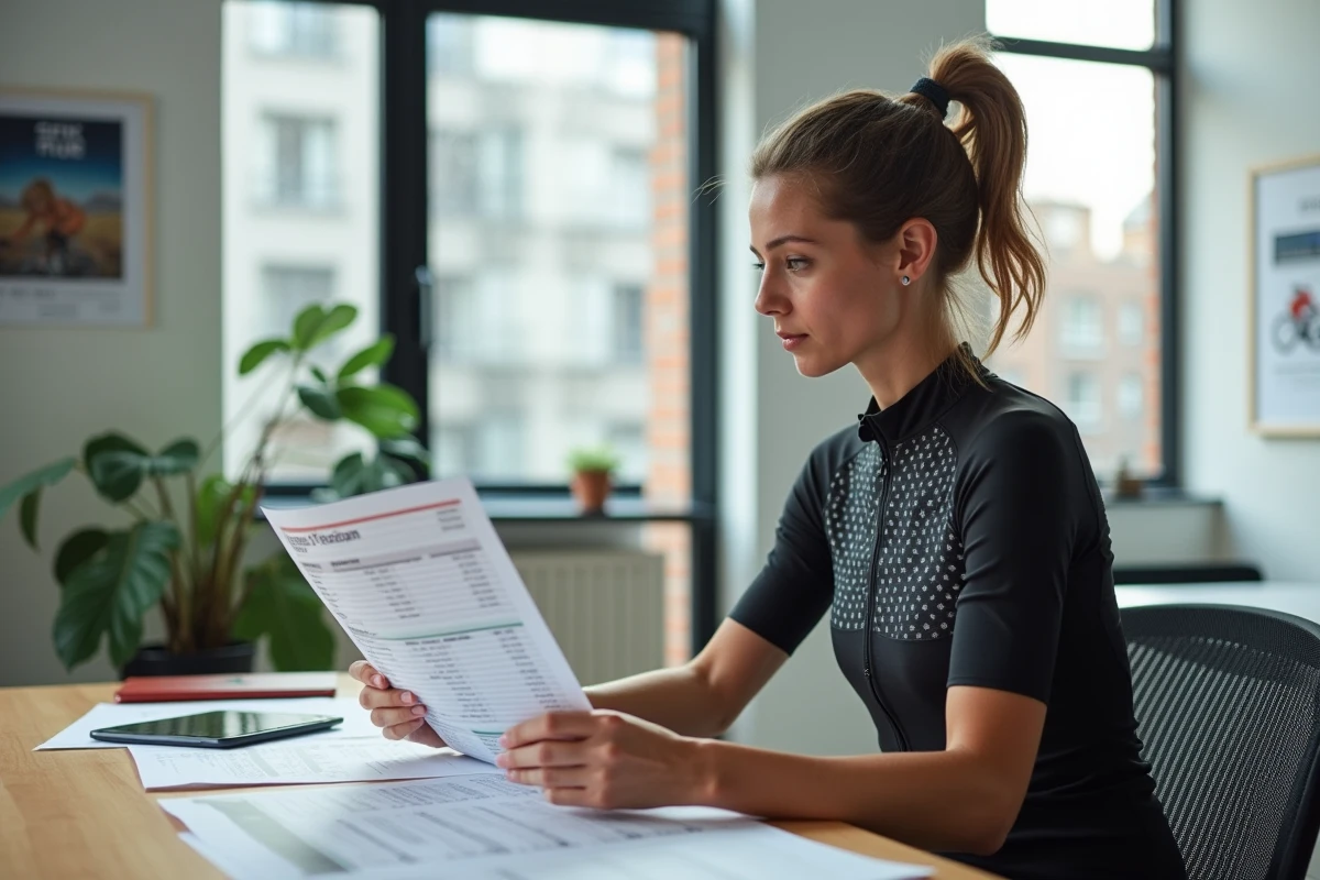 Cycliste professionnelle féminine analysant des documents de primes et bonus dans un bureau d'agence sportive moderne