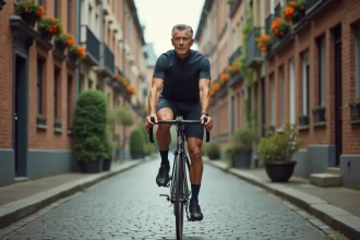 Cycliste adulte freinant par rétropédalage sur un vélo à pignon fixe dans une rue pavée européenne