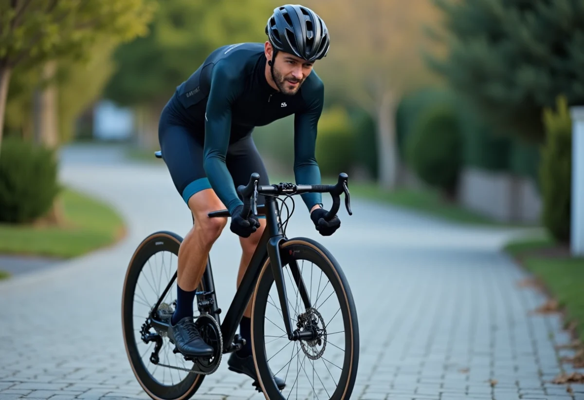 Cycliste homme ajustant ses roues en carbone en extérieur