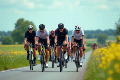 Cyclistes belges en course sur une route de campagne