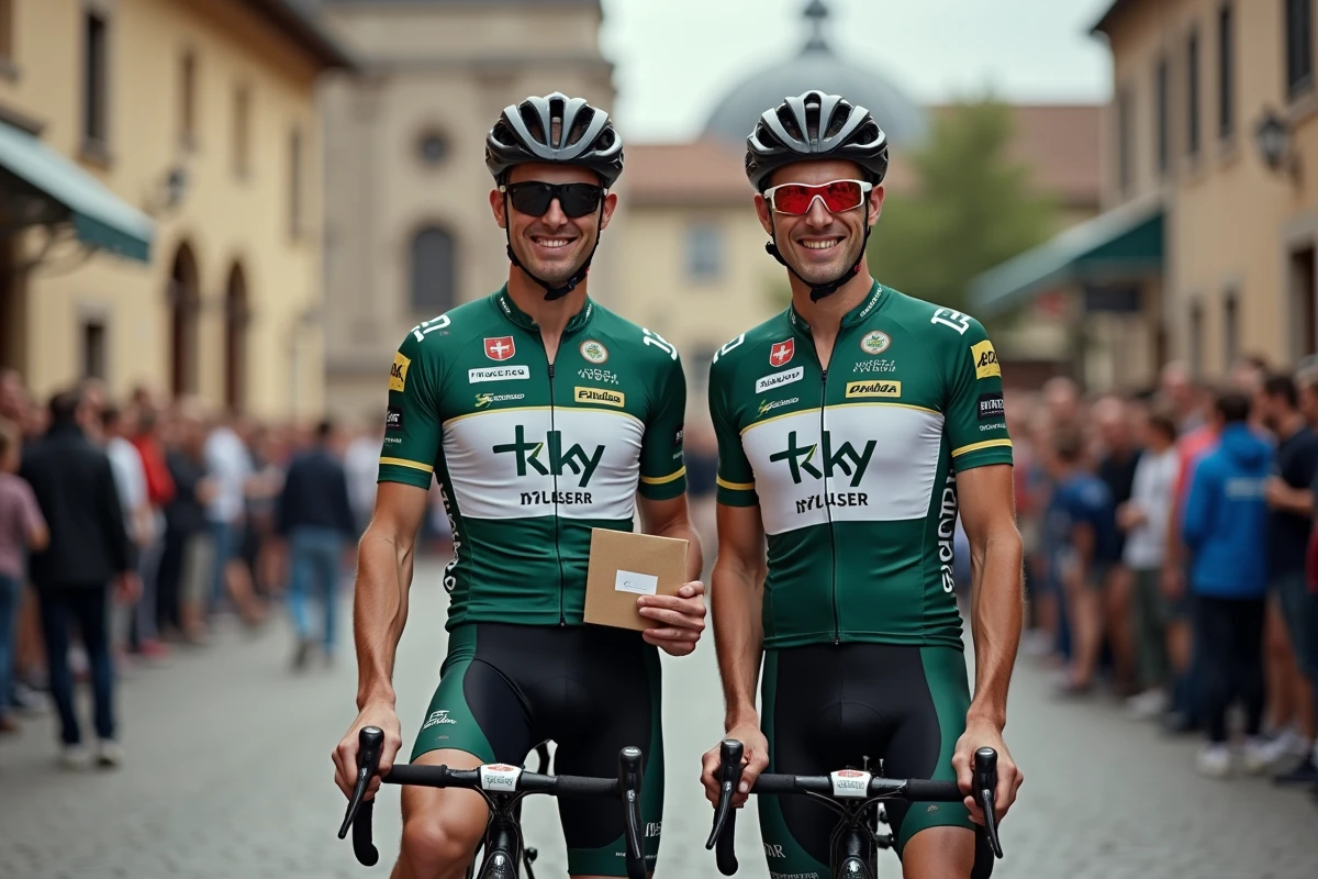 Deux cyclistes professionnels célébrant une prime de maillot vert et une enveloppe de bonus devant le bus de l'équipe en Europe