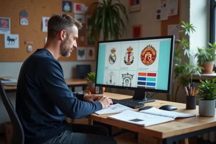Designer graphique travaillant sur un nouveau logo de club de football FC avec des esquisses et un logiciel vectoriel en 2026