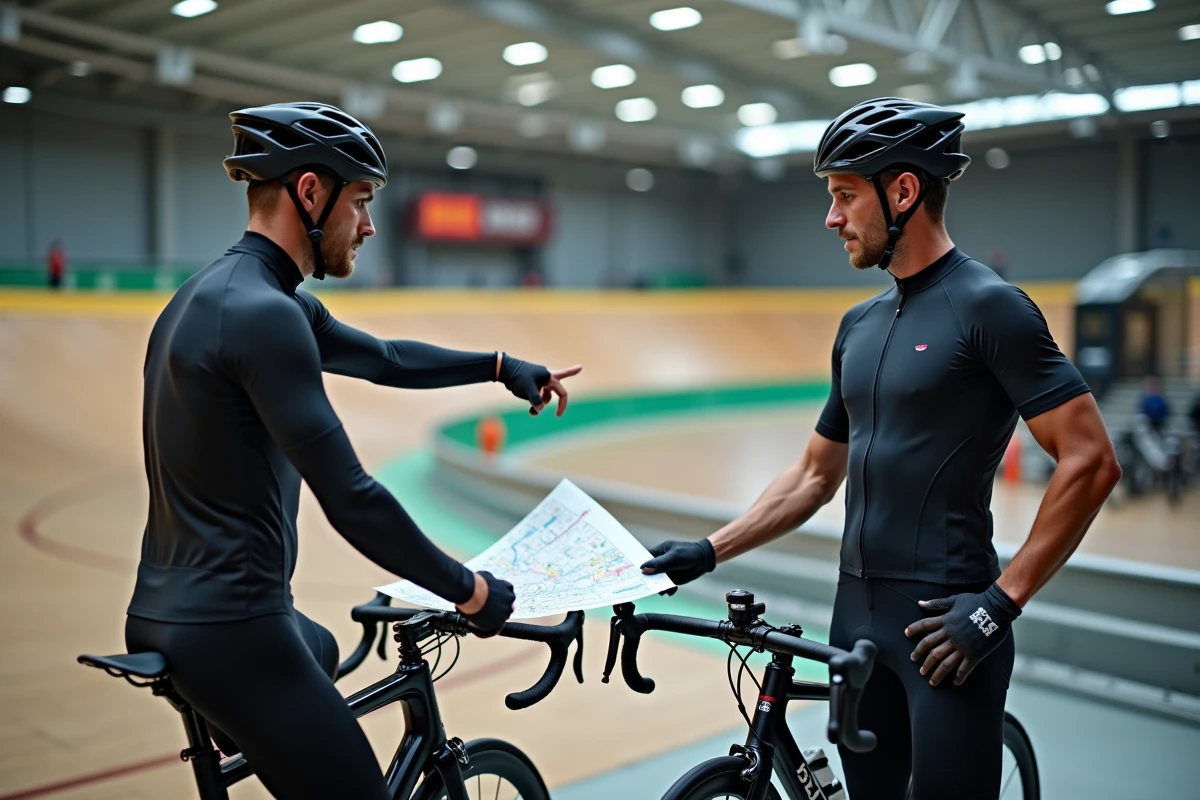 Deux cyclistes professionnels discutant de stratégie de transfert et de classement pour 2026 dans un vélodrome
