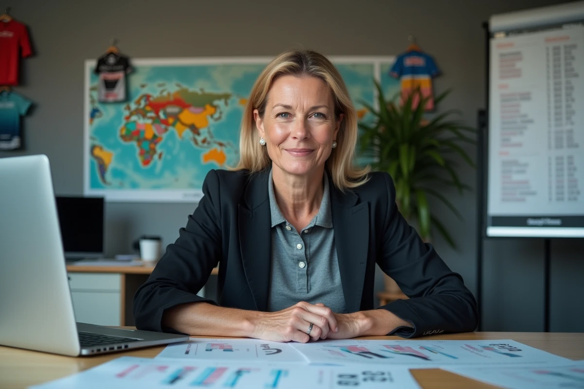 Directrice sportive analysant les classements et les transferts cyclisme pour la saison 2026 dans un bureau d'équipe
