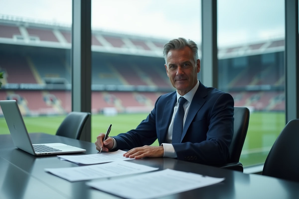 Dirigeant sportif du FC Nantes en réunion de transfert dans les bureaux du club, mercato football