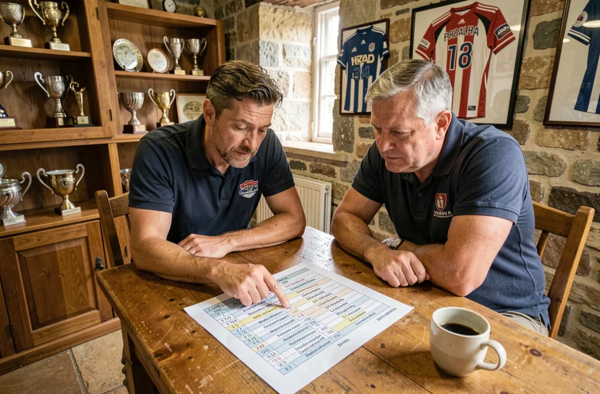 Deux dirigeants de club de rugby analysant le classement Fédérale 3 2026 dans un vestiaire