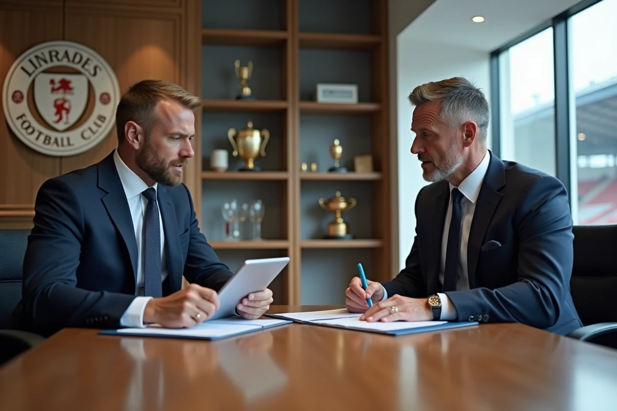 Dirigeants du club de football discutant d'un transfert autour d'une table de réunion avec documents et tablette numérique
