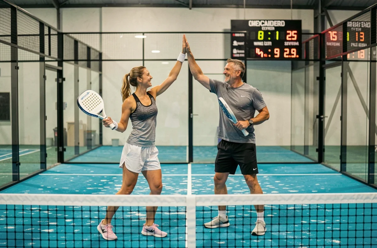 Duo de joueurs de padel célébrant une victoire lors d'un tournoi P100 sur court intérieur