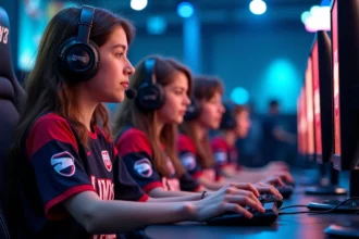 Groupe de joueurs d'e-sport en compétition dans une arene moderne