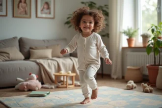 Petite fille de trois ans sautant joyeusement dans le salon