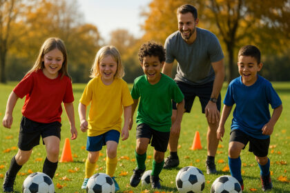 Groupe d'enfants souriants jouant au football en automne