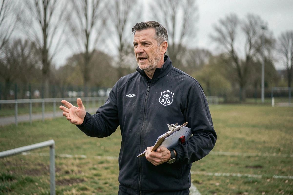 Entraîneur de football de l'AJA 1905 donnant des consignes tactiques lors d'une séance d'entraînement à Auxerre