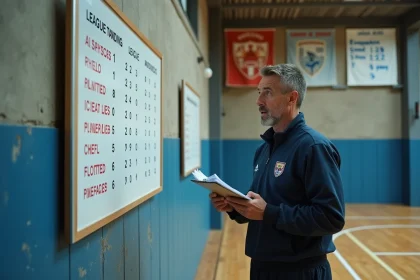 Entraîneur de football amateur analysant le classement du district affiché sur un tableau mural dans un gymnase