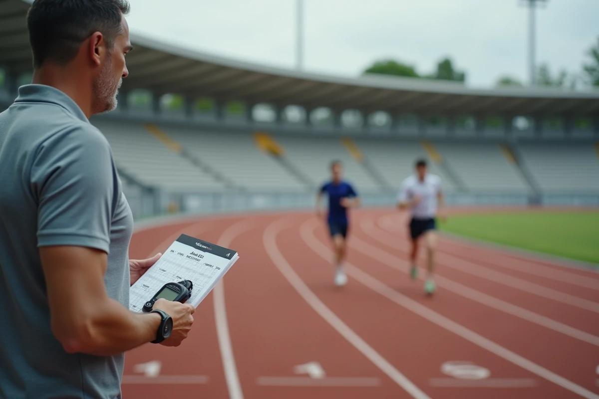 Entraîneur athlétisme avec fiche de conversion km/h en min/km sur une piste d'athlétisme municipale