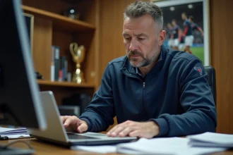 Entraineur de football en bureau avec ordinateur et trophées