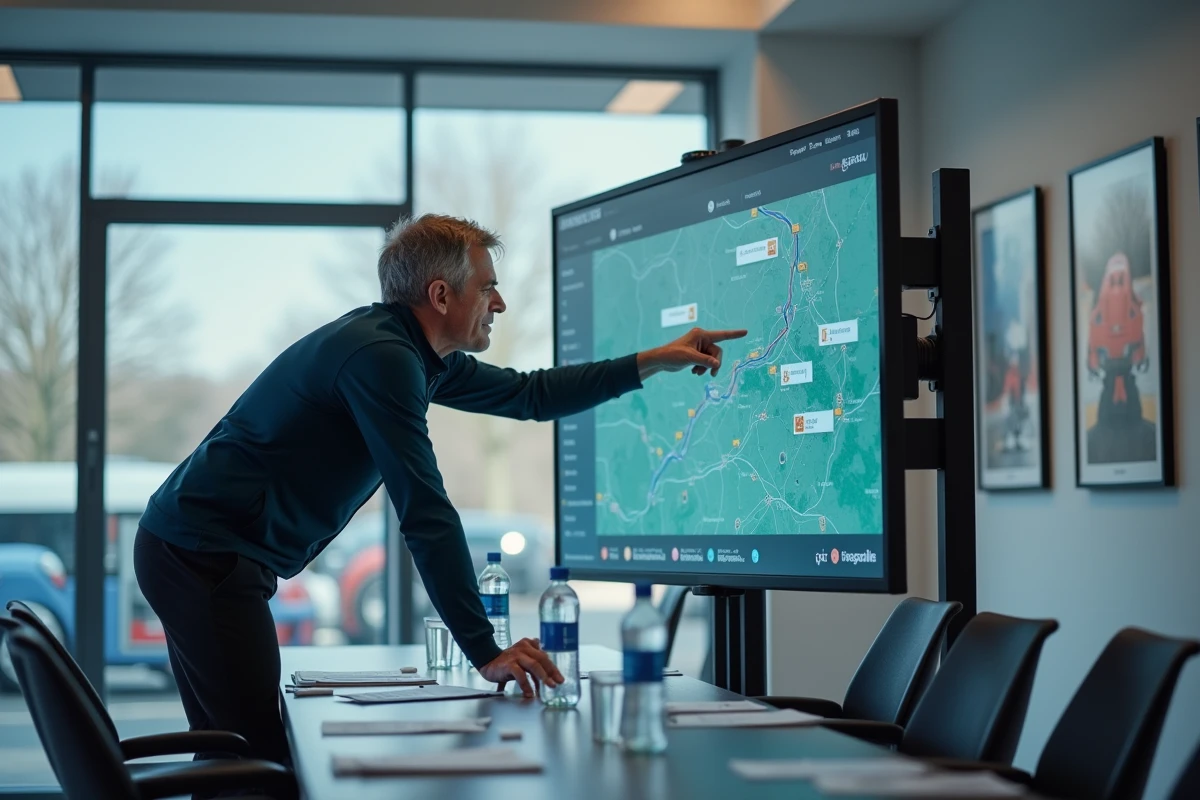 Entraîneur cycliste analysant la carte des classiques printanières 2026 sur écran tactique dans une salle de briefing d'équipe professionnelle