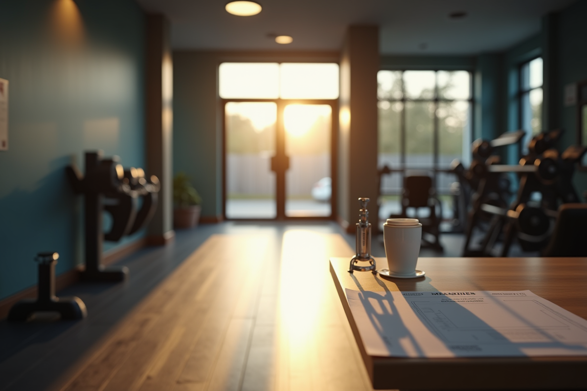 Entrée de gym vide avec lumière naturelle et carte d