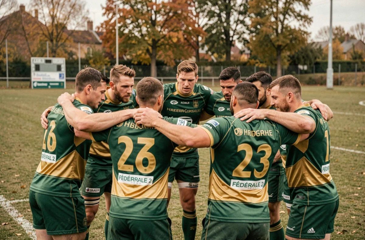 Équipe de rugby en cercle avant le coup d'envoi lors d'un match de Fédérale 2, joueurs concentrés en maillot vert et or sur terrain municipal