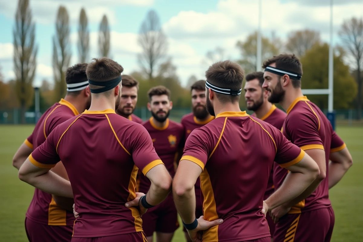 Joueurs de rugby en cercle d'équipe avant un match de Fédérale 3, maillots bordeaux et or, terrain provincial français