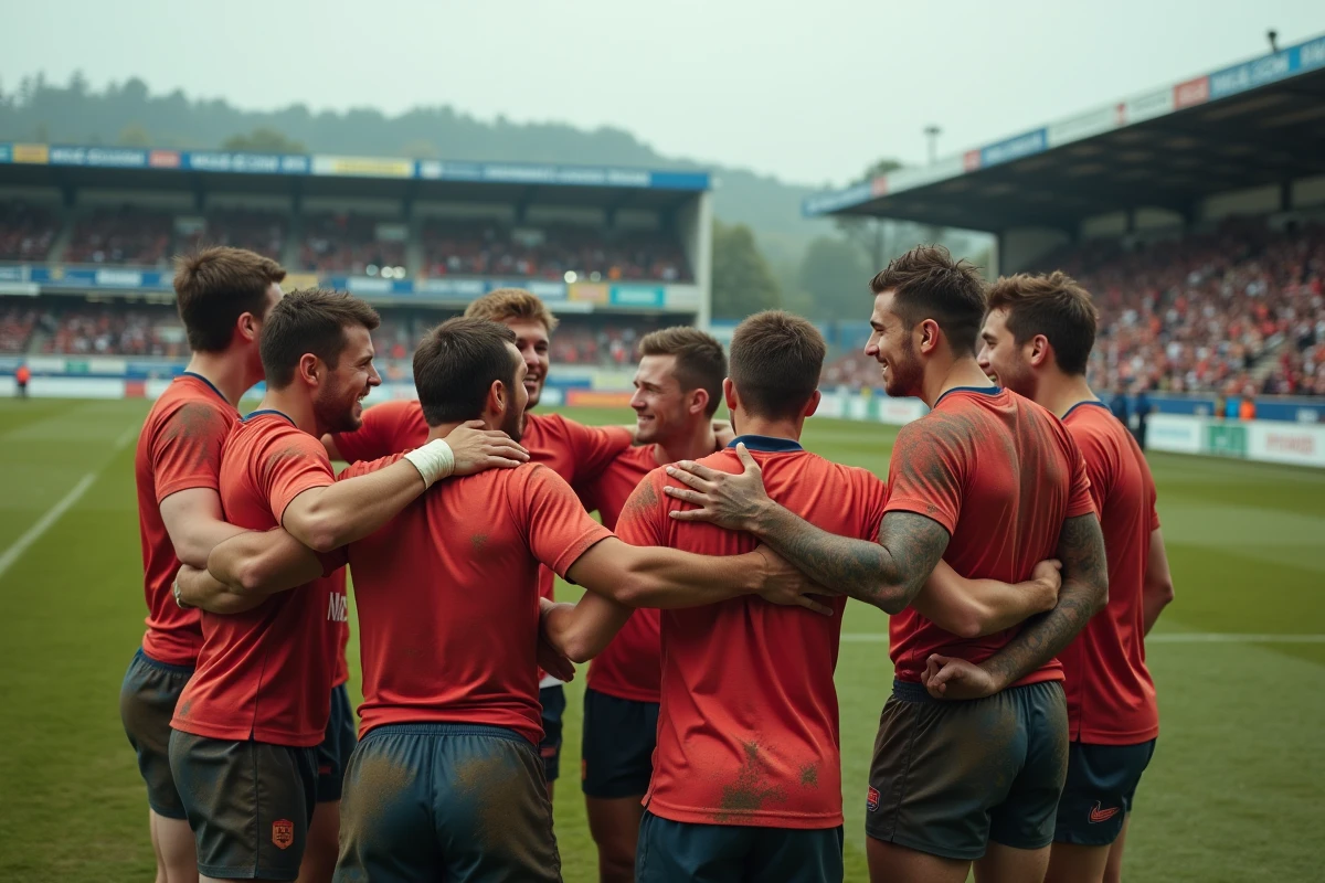 Jeunes joueurs de rugby en équipe après un match intense