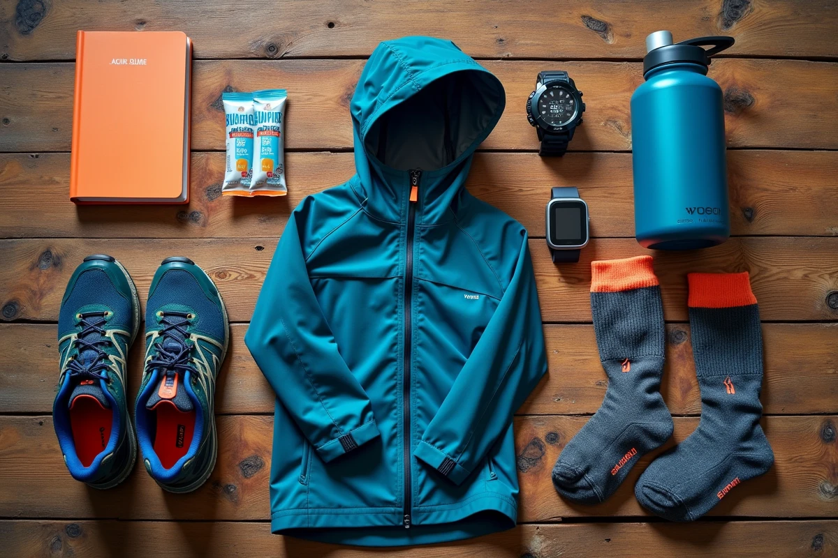 Équipement de trail running disposé en flat lay sur table en bois — chaussures, veste, montre GPS