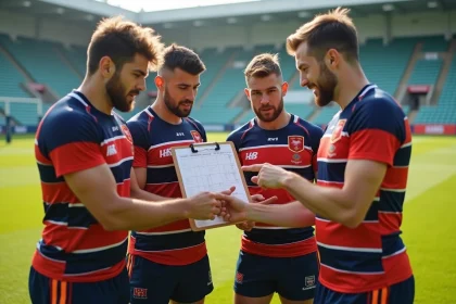Groupe de joueurs de rugby en discussion sur le terrain