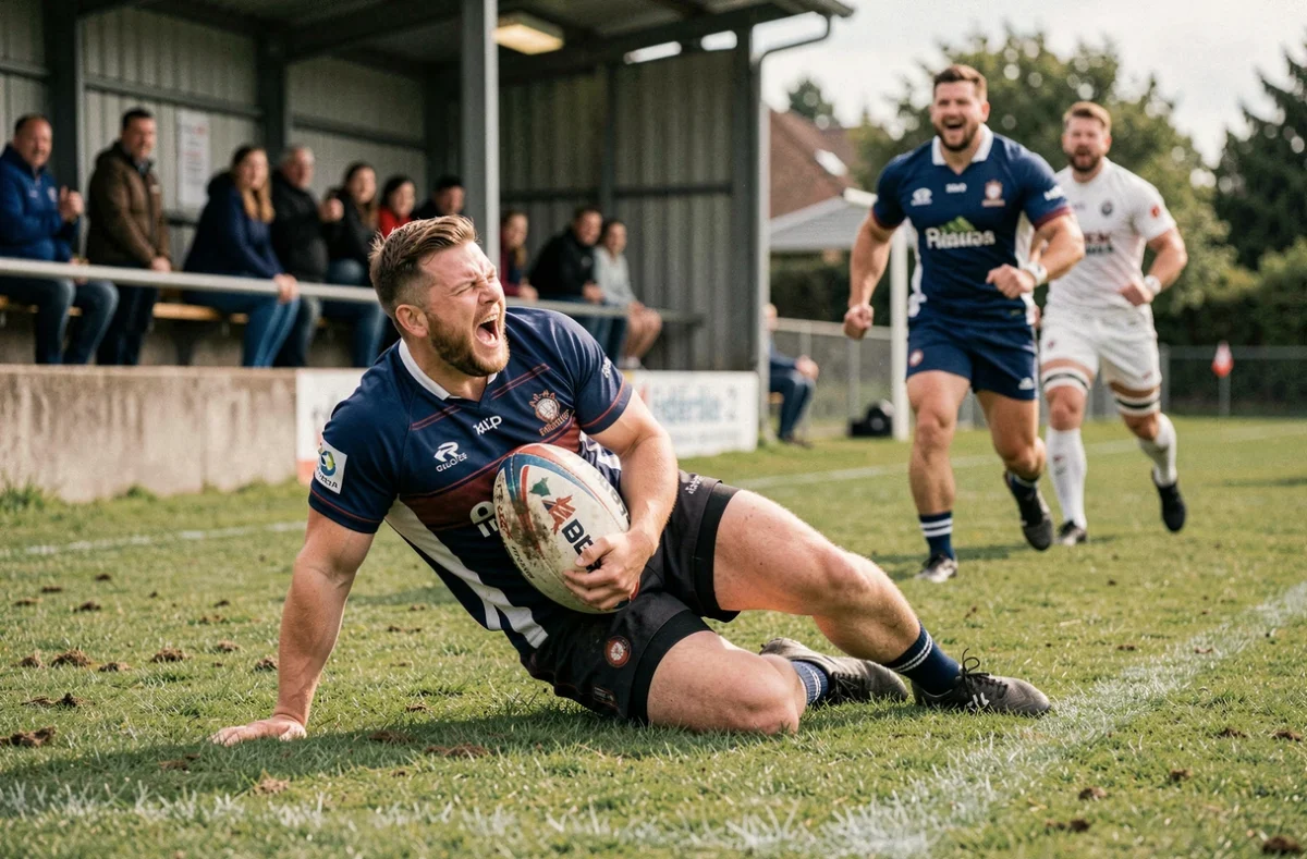 Joueur de rugby célébrant un essai en Fédérale 2, genou à terre ballon en main avec coéquipiers en arrière-plan devant une tribune de stade provincial