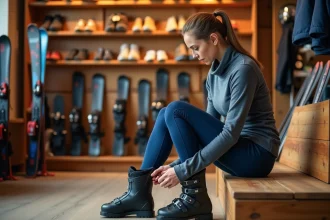 Femme essayant une chaussure de ski dans un magasin de location, comparant le volume chaussant large et étroit