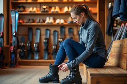 Femme essayant une chaussure de ski dans un magasin de location, comparant le volume chaussant large et étroit