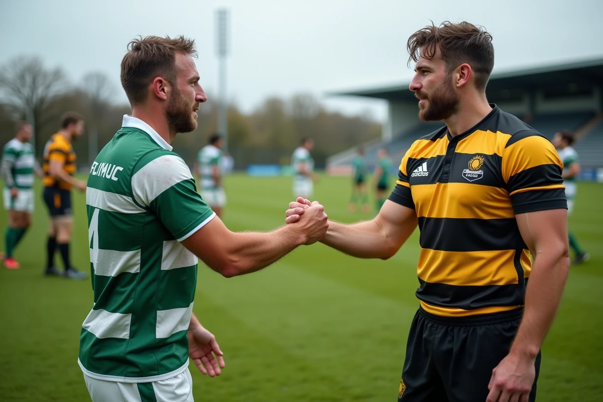 Deux joueurs de rugby se serrant la main après un match de Fédérale 1, symbolisant fair-play et compétition de classement