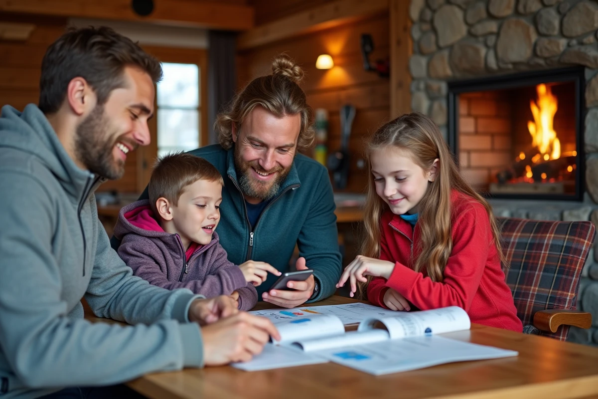 Famille en train de comparer les tarifs et forfaits de ski à La Plagne dans un chalet alpin