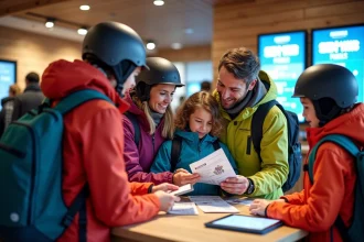 Famille avec enfants au guichet des forfaits des Deux Alpes, comparant les formules ski pour 2026