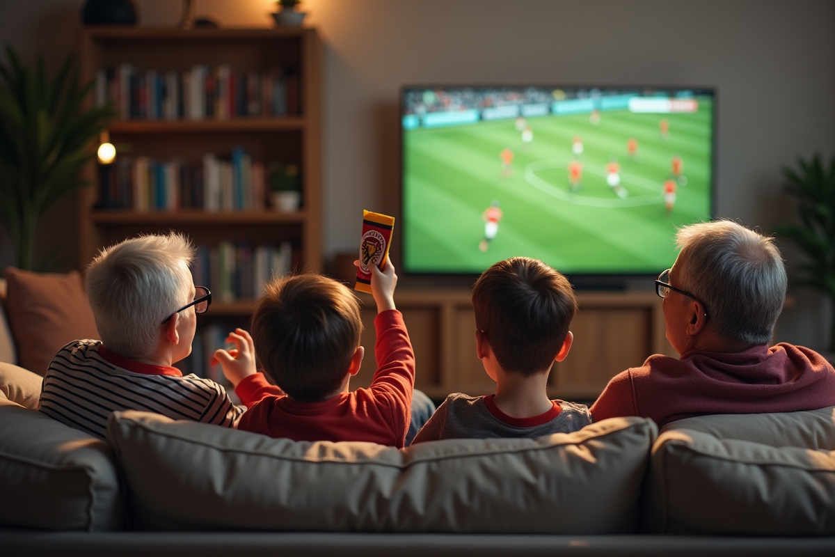 Famille intergeneration regardant match de football à la maison