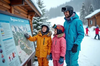 Famille souriante avec skis débutants devant panneau ski
