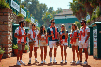 Groupe de fans de tennis enthousiastes devant un stade en Europe