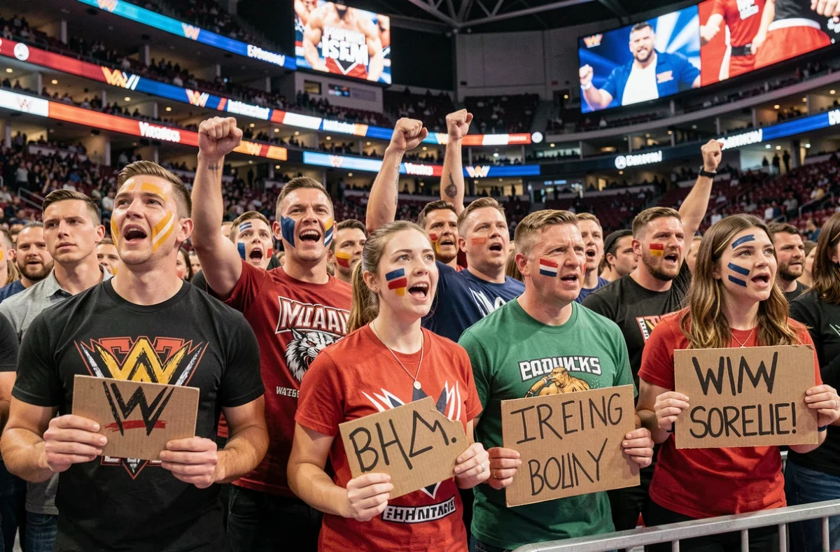 Fans de catch WWE en tenues officielles et visages peints dans une salle de sport parisienne lors d'un événement WWE