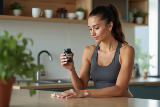 Femme sportive examine une capsule de carnitine dans la cuisine moderne