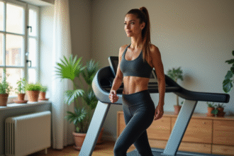 Femme sportive marchant sur un tapis dans une salle lumineuse