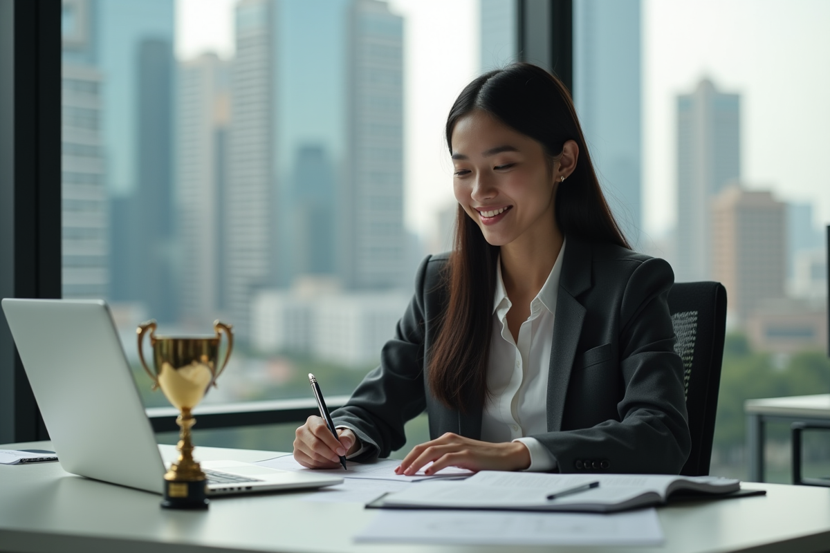 Femme d affaires regardant des documents au bureau