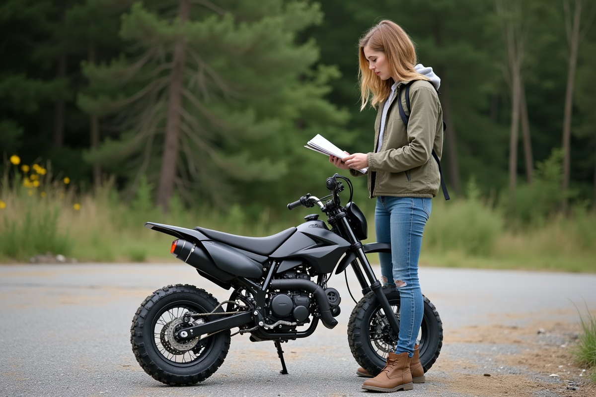 Femme adulte en extérieur lisant un manuel près d