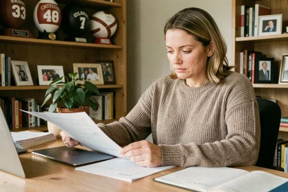 Femme travaillant à son bureau à domicile entourée de souvenirs de football, illustrant la vie privée de la compagne d'un blogueur football
