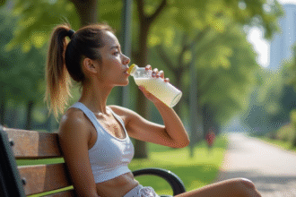 Jeune femme buvant de l'eau de coco dans un parc urbain